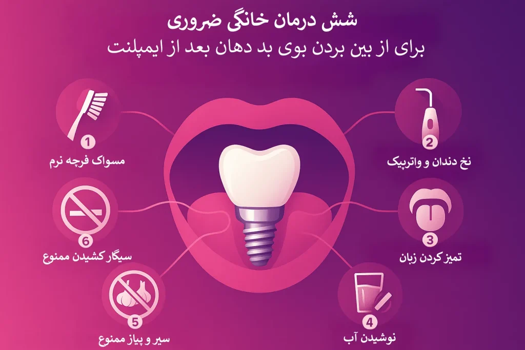 اینفوگرافیک درمان‌های خانگی بوی بد دهان بهد از ایمپلنت