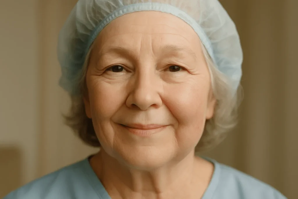 یک خانم مسن با ورم صورت بعد از ایمپلنت