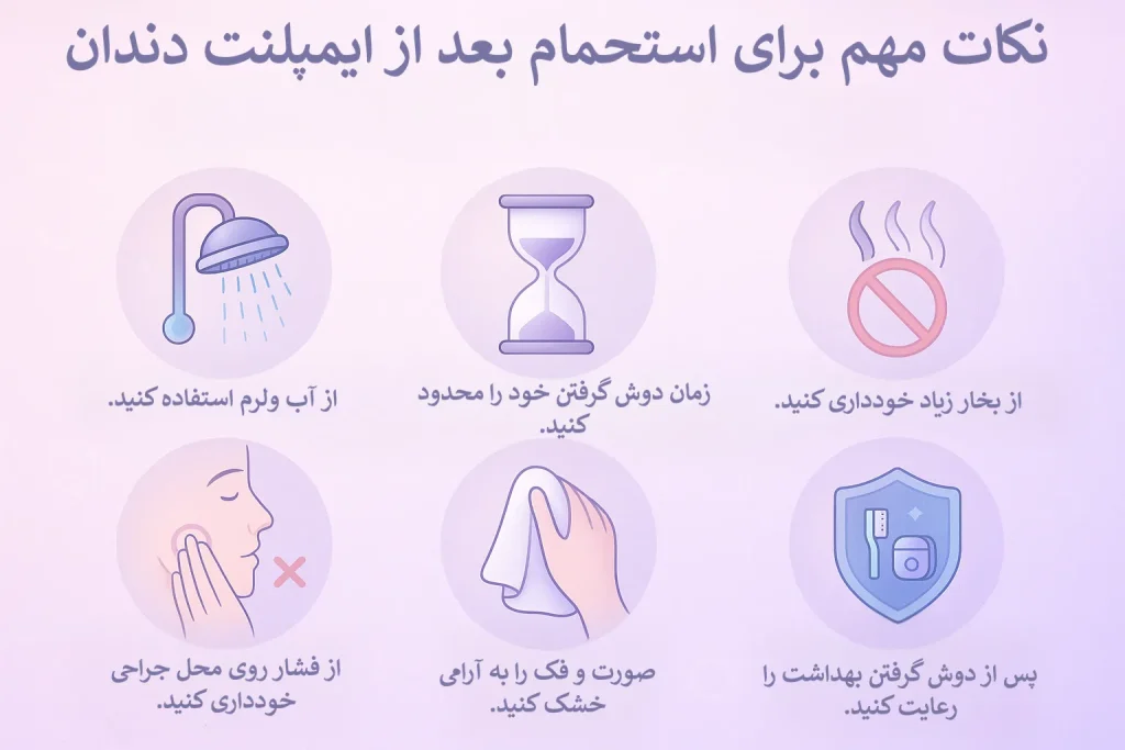 اینفوگرافیک نکات مهم برای استحمام بعد از ایمپلنت دندان