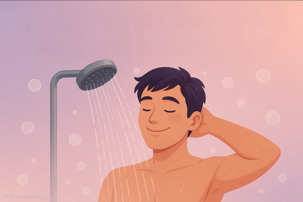 یک فرد در حال دوش گرفتن با دندان ایمپلنت شده.