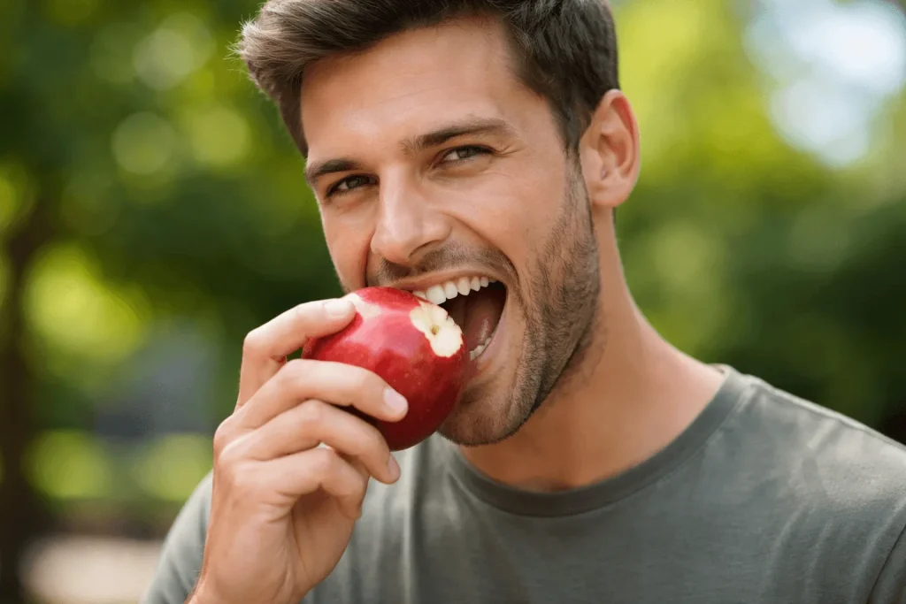 فرد در حال گاز زدن سیب.