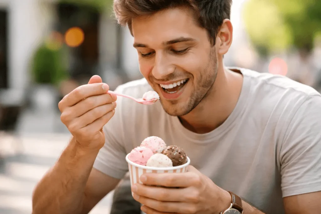 فرد در حال خوردن بستنی بعد از جراحی ایمپلنت